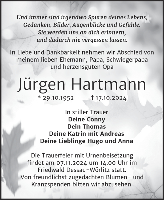 Traueranzeige von Jürgen Hartmann von Trauerkombi Bitterfeld