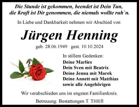 Traueranzeige von Jürgen Henning von Volksstimme Wernigerode