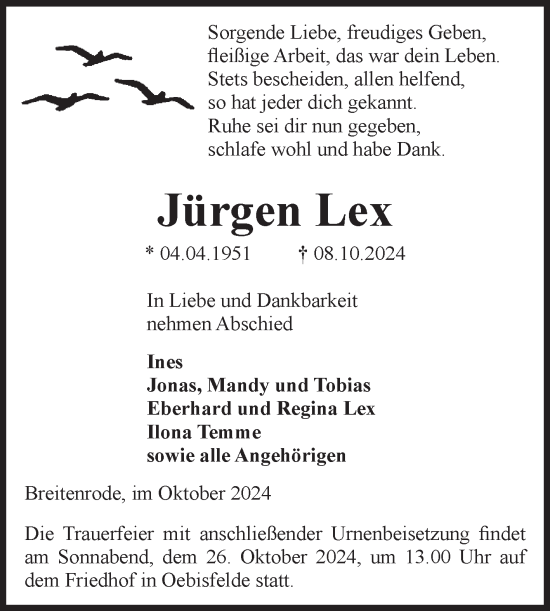 Traueranzeige von Jürgen Lex von Volksstimme Altmark West