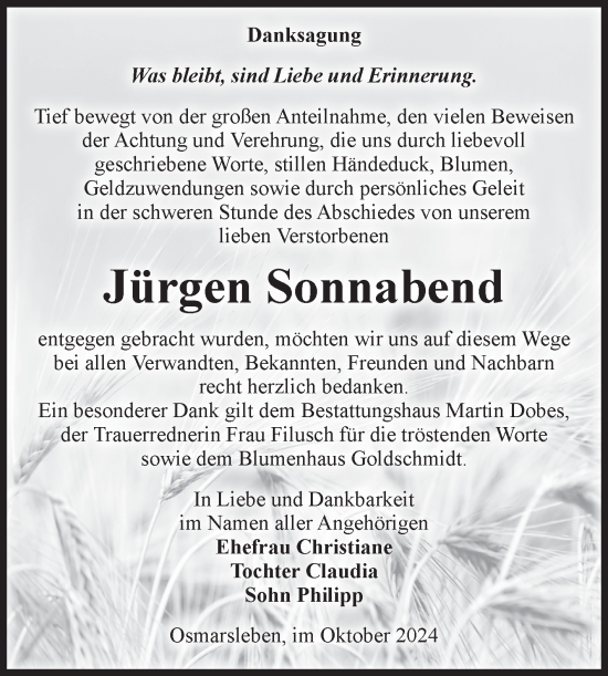 Traueranzeige von Jürgen Sonnabend von Volksstimme Staßfurt