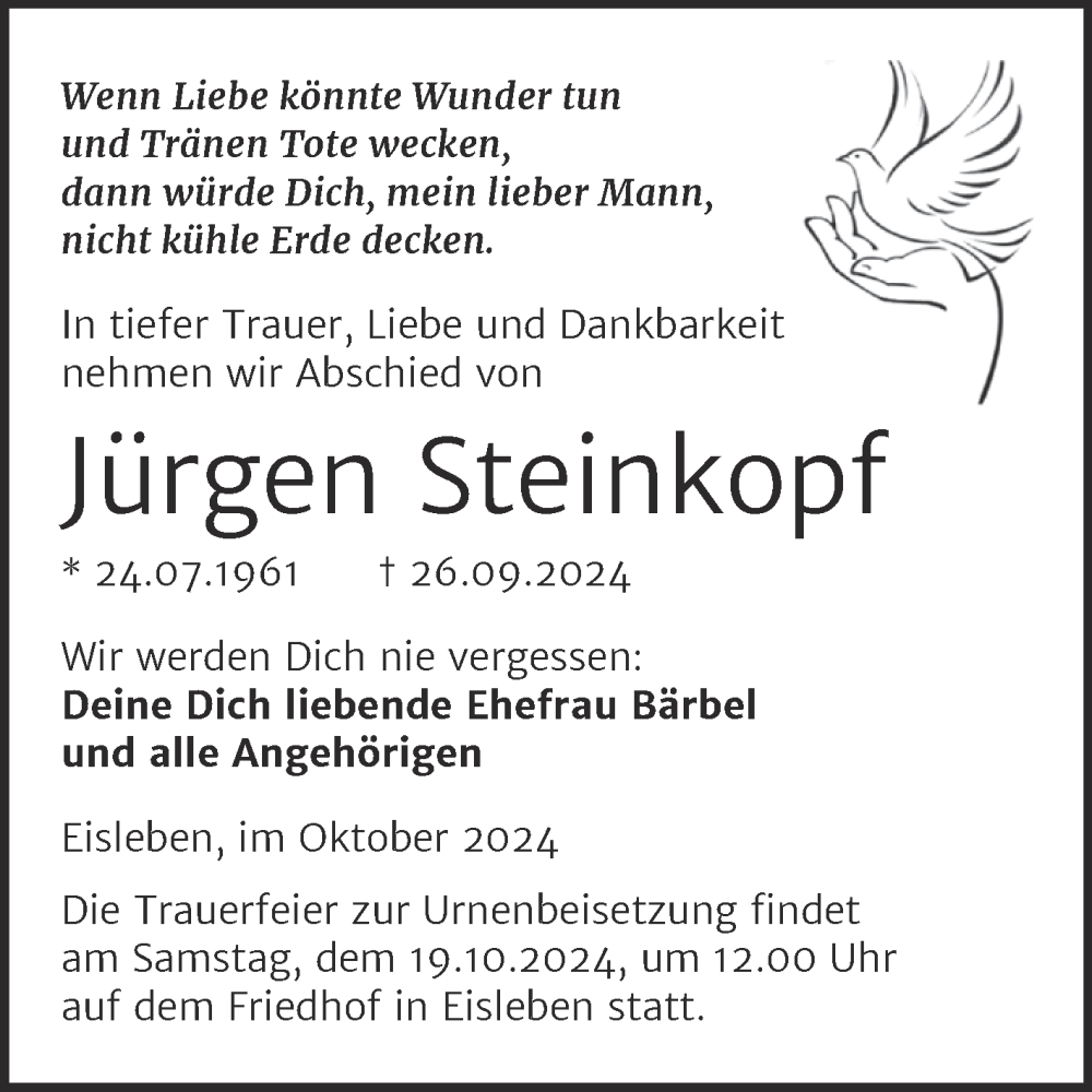  Traueranzeige für Jürgen Steinkopf vom 12.10.2024 aus Trauerkombi Mansfelder Land