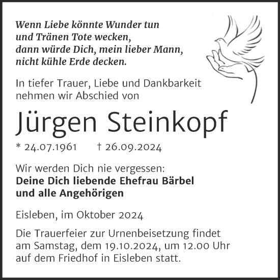 Traueranzeige von Jürgen Steinkopf von Trauerkombi Mansfelder Land