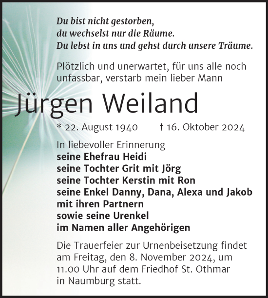 Traueranzeige von Jürgen Weiland von Naumburger Tageblatt