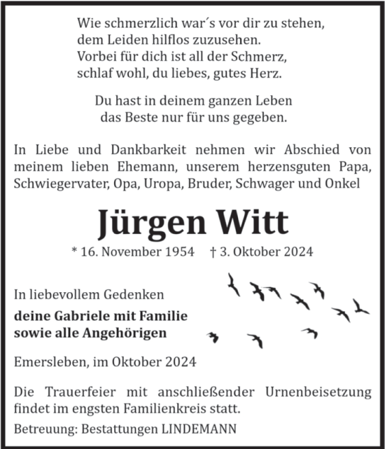 Traueranzeige von Jürgen Witt von Volksstimme Halberstadt
