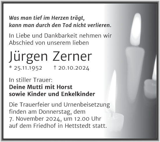 Traueranzeige von Jürgen Zerner von Trauerkombi Mansfelder Land