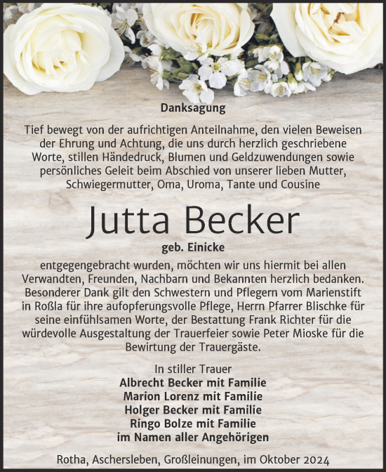 Traueranzeige von Jutta Becker von Super Sonntag Sangerhausen