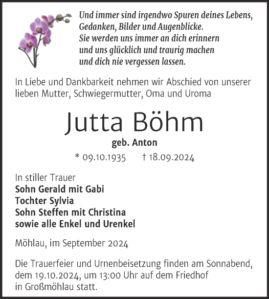 Traueranzeige von Jutta Böhm von Trauerkombi Wittenberg