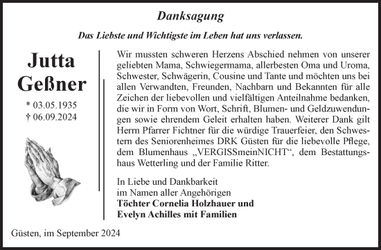 Traueranzeige von Jutta Geßner von Volksstimme Staßfurt