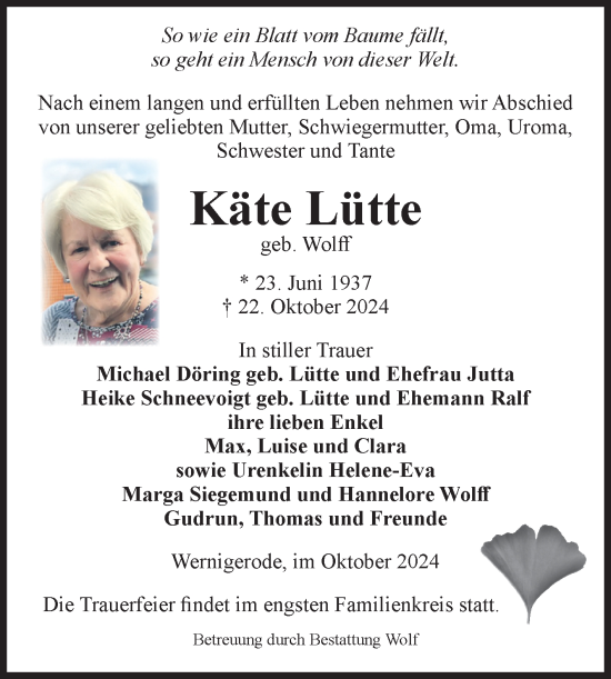 Traueranzeige von Käte Lütte von Volksstimme Wernigerode