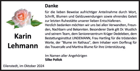 Traueranzeige von Karin Lehmann von Volksstimme Halberstadt
