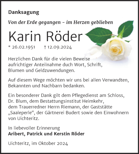 Traueranzeige von Karin Röder von Trauerkombi Weißenfels