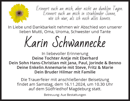 Traueranzeige von Karin Schwannecke von Volksstimme Halberstadt