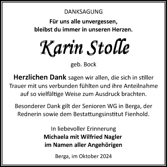 Traueranzeige von Karin Stolle von Trauerkombi Sangerhausen
