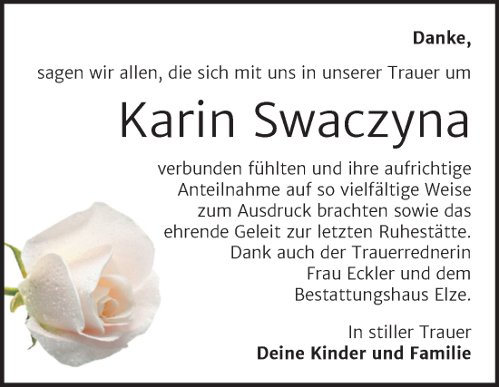 Traueranzeige von Karin Swaczyna von Trauerkombi Dessau