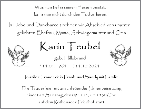 Traueranzeige von Karin Teubel von Volksstimme Magdeburg