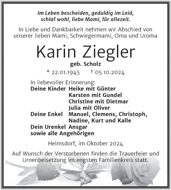 Traueranzeige von Karin Ziegler von Trauerkombi Mansfelder Land