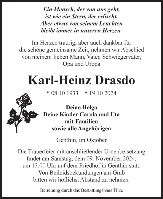 Traueranzeige von Karl-Heinz Drasdo von Volksstimme Burg/Genthin