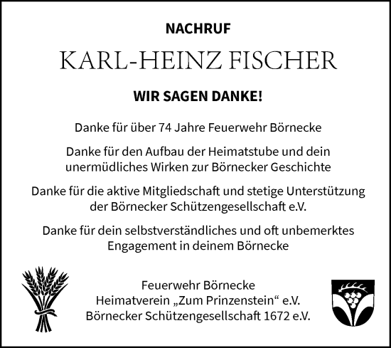 Traueranzeige von Karl-Heinz Fischer von Volksstimme Wernigerode