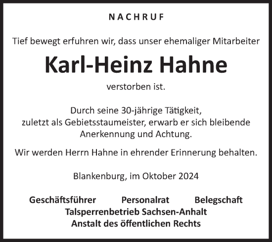 Traueranzeige von Karl-Heinz Hahne von Volksstimme Wernigerode