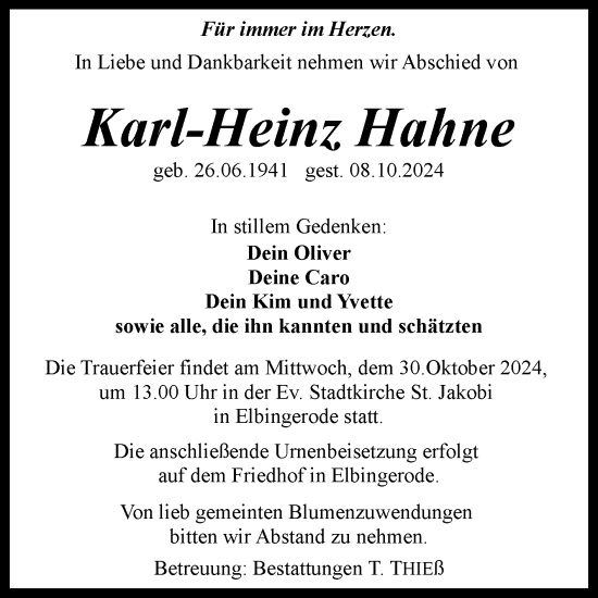 Traueranzeige von Karl-Heinz Hahne von Volksstimme Wernigerode