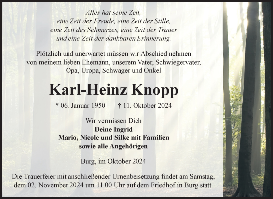 Traueranzeige von Karl-Heinz Knopp von Volksstimme Burg/Genthin