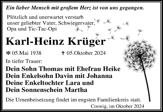 Traueranzeige von Karl-Heinz Krüger von Trauerkombi Wittenberg