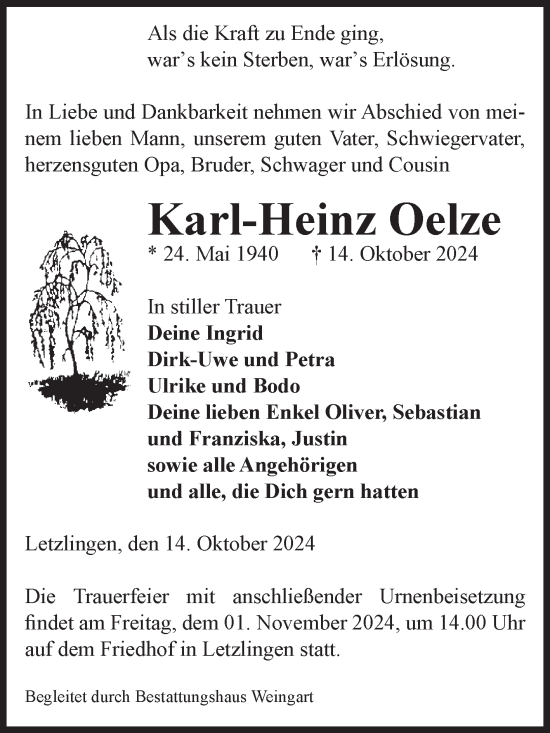 Traueranzeige von Karl-Heinz Oelze von Volksstimme Altmark West