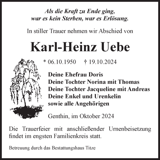 Traueranzeige von Karl-Heinz Uebe von Volksstimme Burg/Genthin