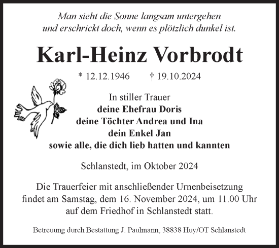Traueranzeige von Karl-Heinz Vorbrodt von Volksstimme Halberstadt