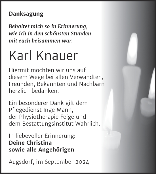 Traueranzeige von Karl Knauer von Trauerkombi Mansfelder Land