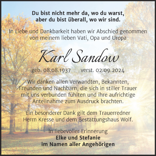 Traueranzeige von Karl Sandow von Trauerkombi Weißenfels