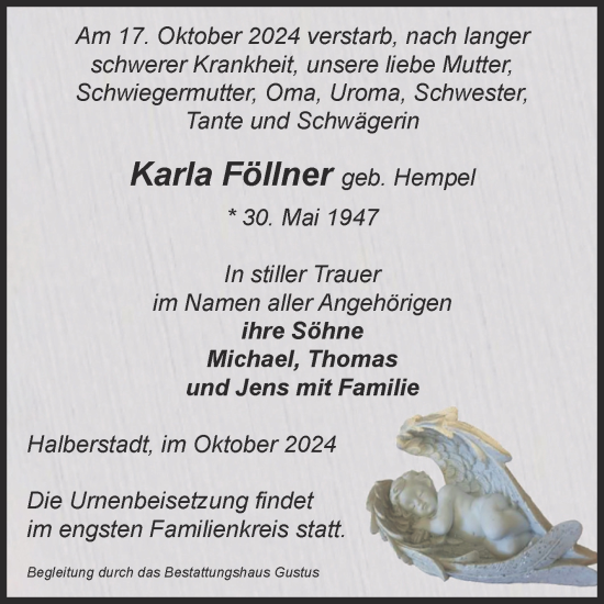 Traueranzeige von Karla Föllner von Volksstimme Halberstadt