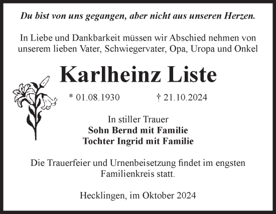 Traueranzeige von Karlheinz Liste von Volksstimme Staßfurt