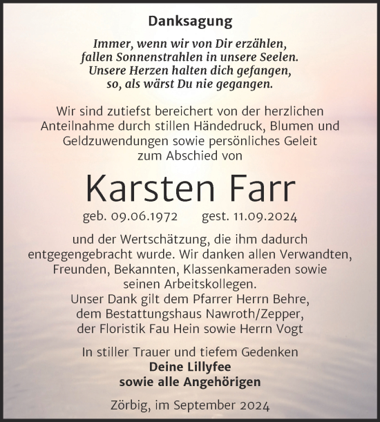 Traueranzeige von Karsten Farr von Trauerkombi Bitterfeld