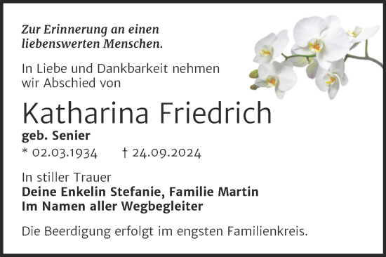 Traueranzeige von Katharina Friedrich von Trauerkombi Bitterfeld