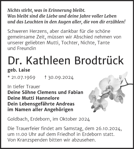 Traueranzeige von Kathleen Brodtrück von Trauerkombi Mansfelder Land