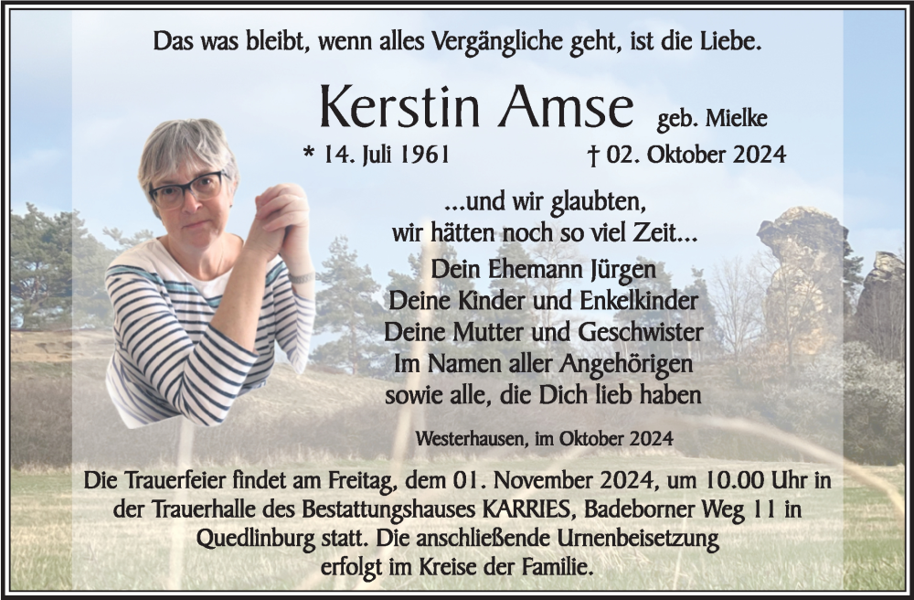  Traueranzeige für Kerstin Amse vom 19.10.2024 aus Trauerkombi Quedlinburg