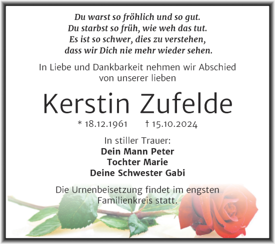 Traueranzeige von Kerstin Zufelde von Trauerkombi Mansfelder Land