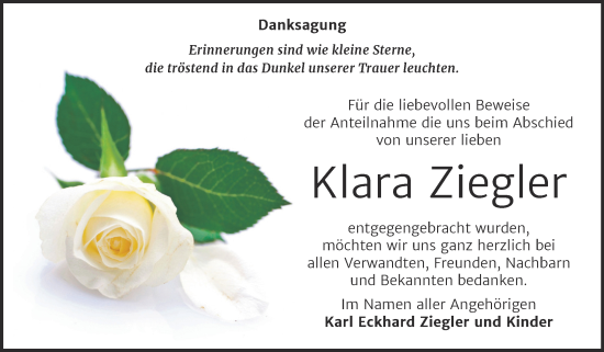 Traueranzeige von Klara Ziegler von Mitteldeutsche Zeitung Mansfelder Land