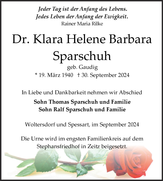 Traueranzeige von Klara Helene Barbara Sparschuh von Trauerkombi Zeitz