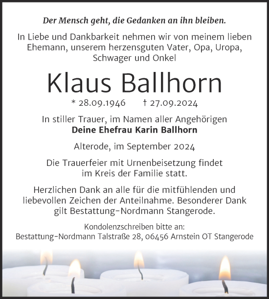 Traueranzeige von Klaus Ballhorn von Trauerkombi Mansfelder Land