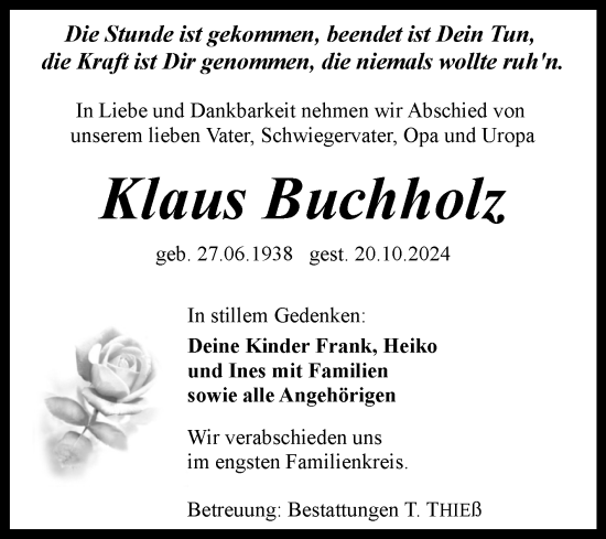 Traueranzeige von Klaus Buchholz von Volksstimme Wernigerode