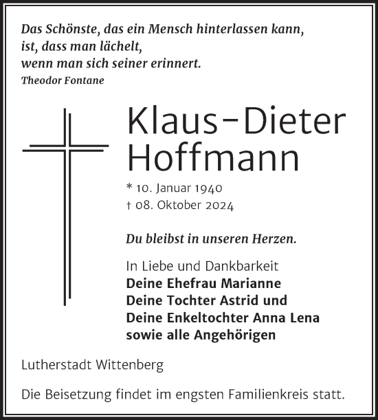 Traueranzeige von Klaus-Dieter Hoffmann von Trauerkombi Wittenberg