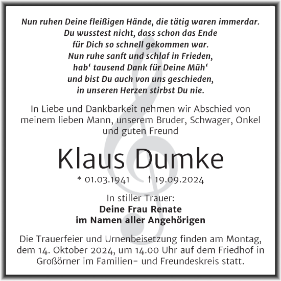 Traueranzeige von Klaus Dumke von Trauerkombi Mansfelder Land