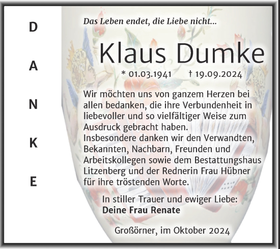 Traueranzeige von Klaus Dumke von Trauerkombi Mansfelder Land