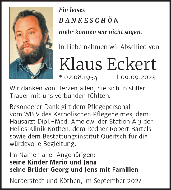 Traueranzeige von Klaus Eckert von Trauerkombi Köthen