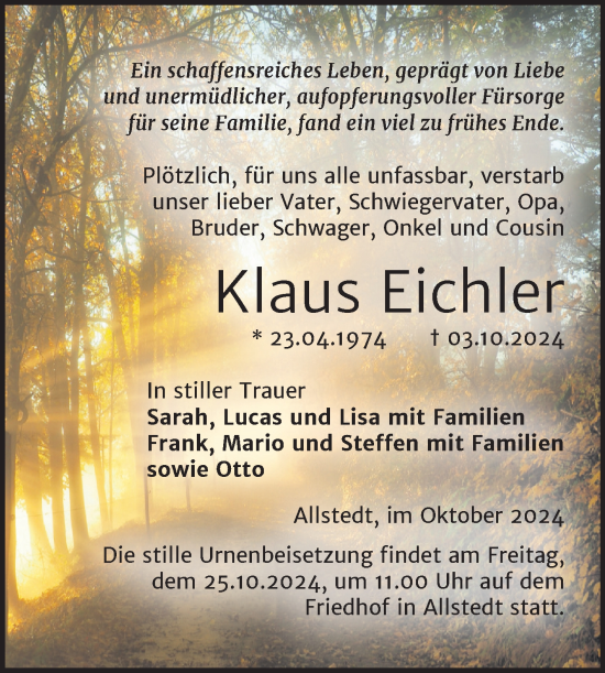 Traueranzeige von Klaus Eichler von Trauerkombi Sangerhausen