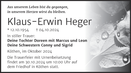 Traueranzeige von Klaus-Erwin Heger von Trauerkombi Köthen