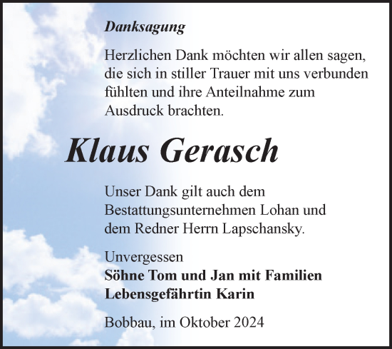 Traueranzeige von Klaus Gerasch von Trauerkombi Bitterfeld