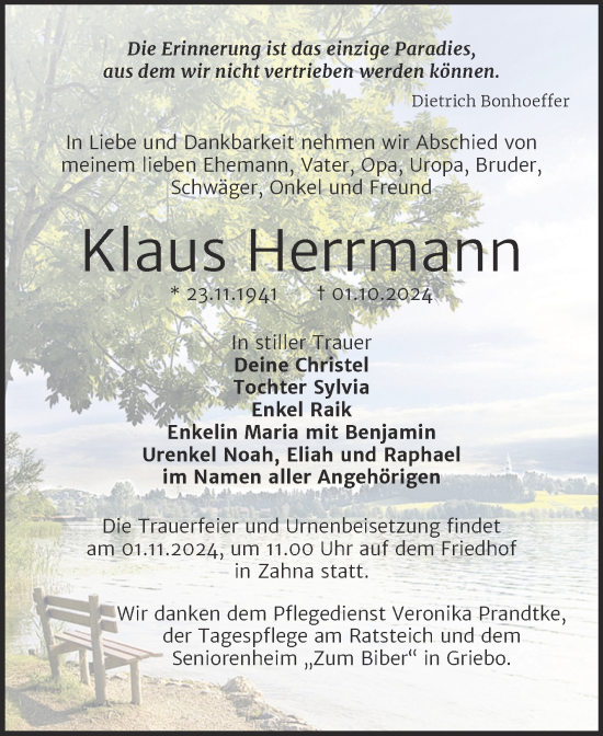 Traueranzeige von Klaus Herrmann von Trauerkombi Wittenberg